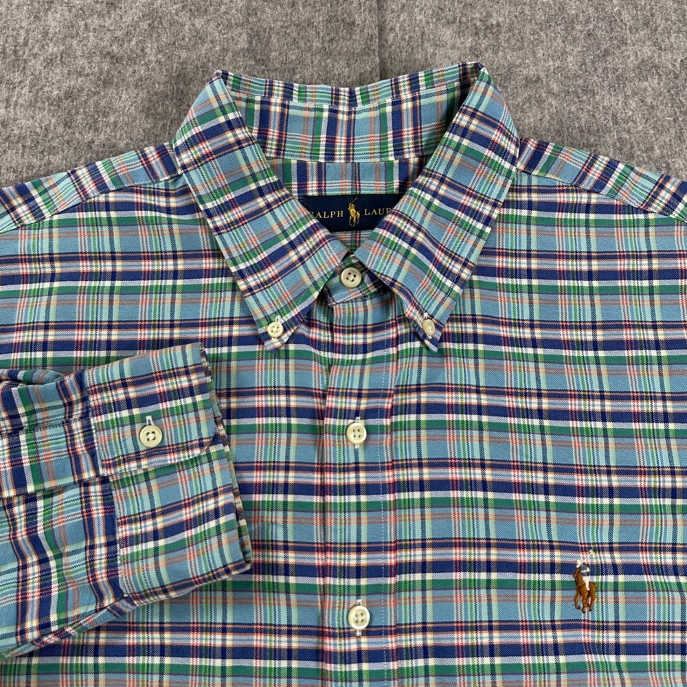 Ralph Lauren Mens XL Plaid Oxford Button Down Shirt Blue Green Pony Logo Y2K